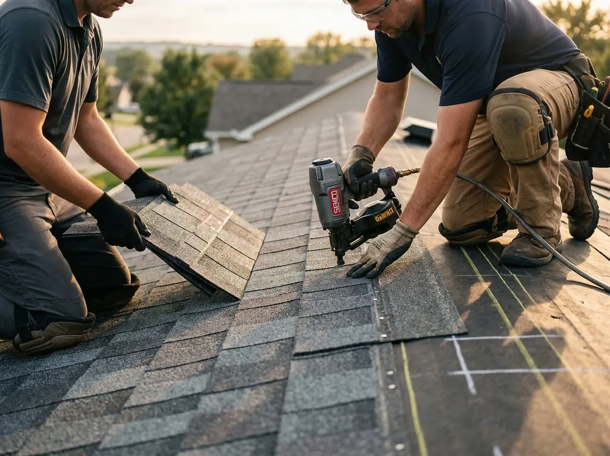 Professional roofer working on a residential roof in Zion